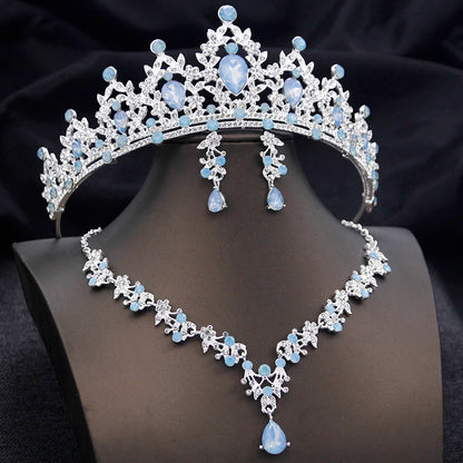 Opal Blue Princess Bridal Jewelry Set – Tiara Crown Necklace Earrings