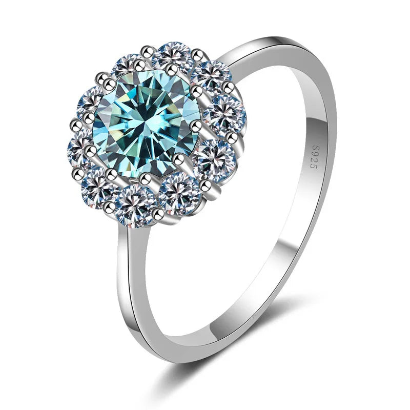 Round Cut Flower Shape 1CT Blue Green Moissanite Ring S925 Silver