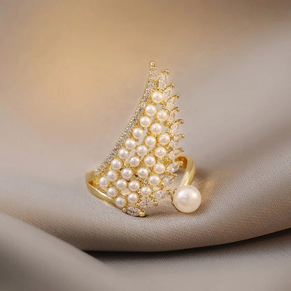Elegant Adjustable Angel Wing Pearl Ring – Luxury Women's Charm Jewelry