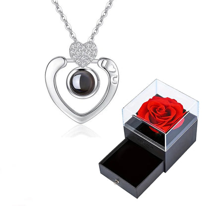 Projection S925 Silver Necklace Set with Rose Gift Box – "I Love You" in 100 Languages