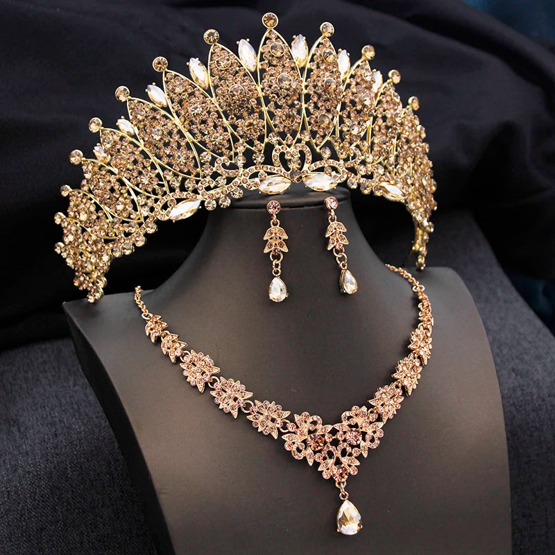 Royal Queen Champagne Tiara and Crown Bridal Jewelry Sets For Women