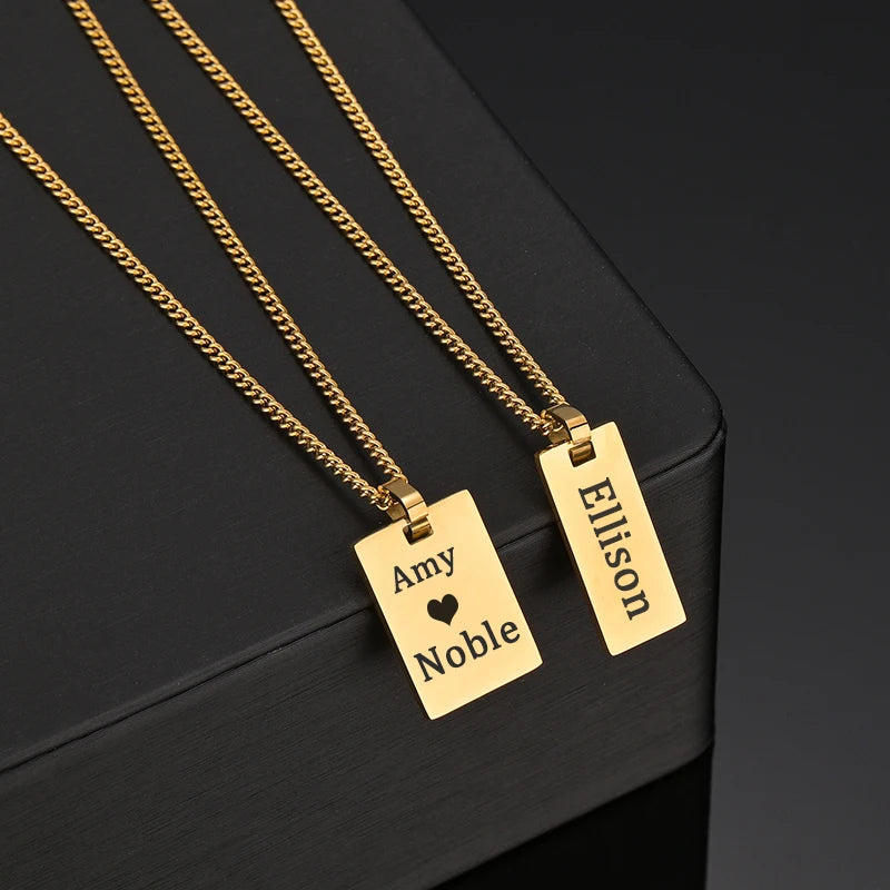Unisex Custom Photo Name Rectangle Pendant Necklace Stainless Steel