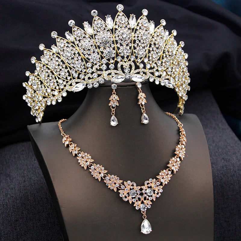 Royal Queen Champagne Tiara and Crown Bridal Jewelry Sets For Women