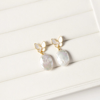 14K Gold Filled Baroque Pearl Butterfly Earrings