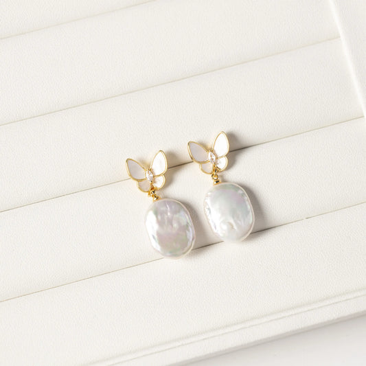 14K Gold Filled Baroque Pearl Butterfly Earrings