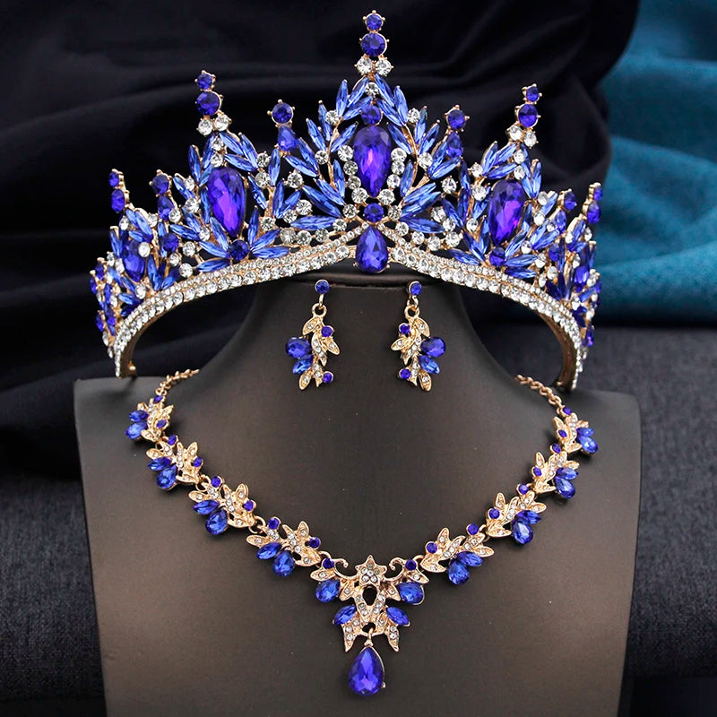 Royal Queen 3 Pcs Tiaras and necklace earrings for Bridal Jewelry Sets