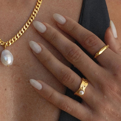 Stainless Steel Geometric Gold Ring with Imitation Pearls for Women