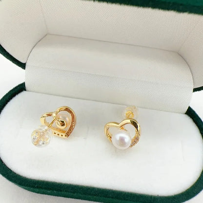 14K Gold Filled Heart Pearl Stud Earrings for Women