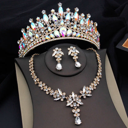 Purple Crystal Tiaras and Necklace Earrings Crown Bridal Sets Jewelry