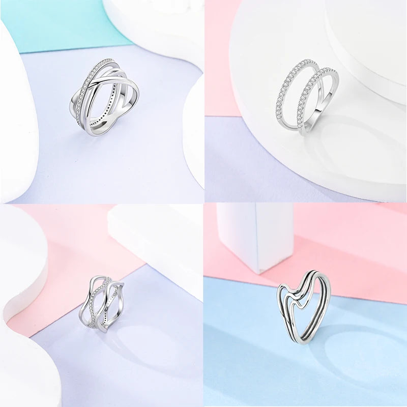 925 Sterling Silver Geometric Overlapping Zircon Rings