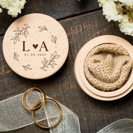 Personalized Natural wood - Round Ring Box