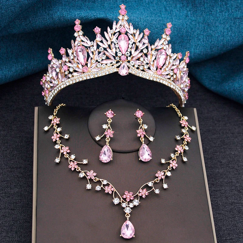 Baroque Wedding Crown for Bride 3-pack Tiara Earrings Necklace Bridal Jewelry Set