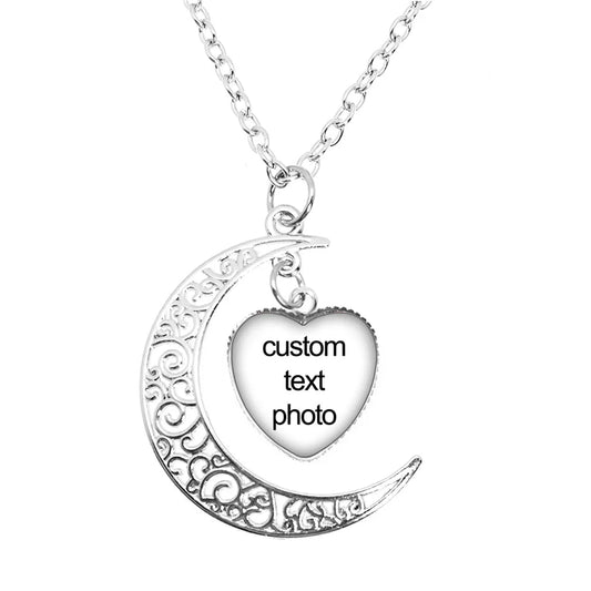 Personalized Moon Heart Shape Photo Pendant Necklace Glass Cabochon Jewelry