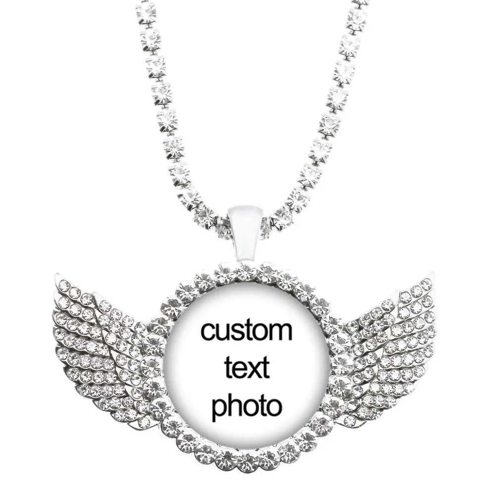 Custom Crystal Angel Wing Photo Necklace Personalized Glass Cabochon Pendant