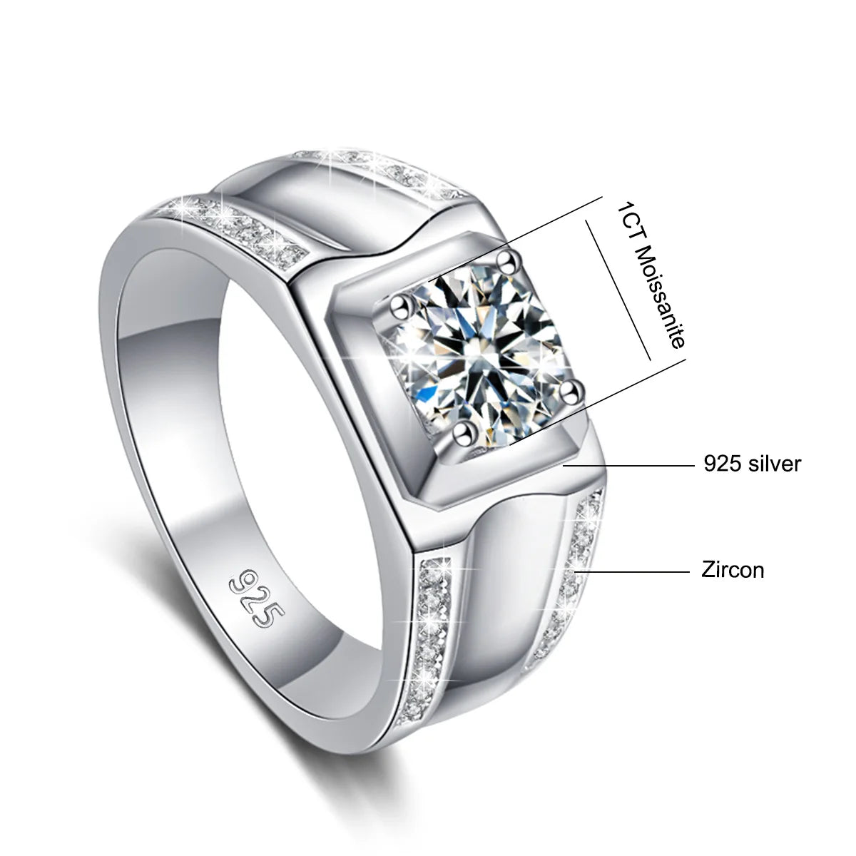 1CT 6.5MM Moissanite Men’s Engagement Ring in 925 Sterling Silver with Certificate