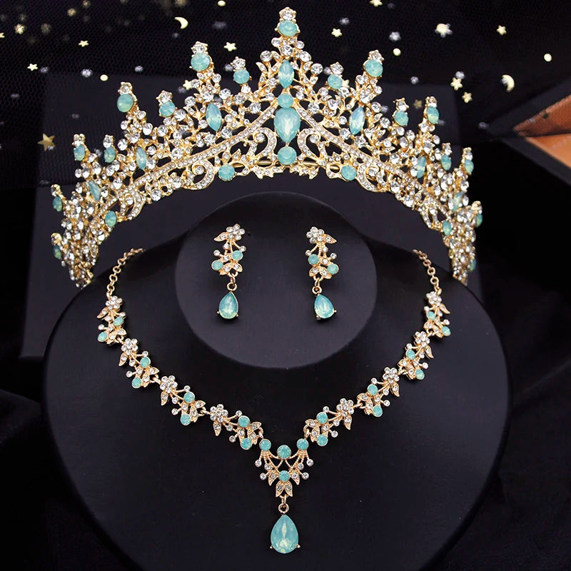 Vintage Royal Queen Bridal Wedding Crown with Jewelry Sets For Women