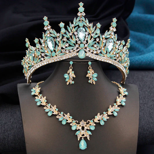 Royal Queen 3 Pcs Tiaras and necklace earrings for Bridal Jewelry Sets
