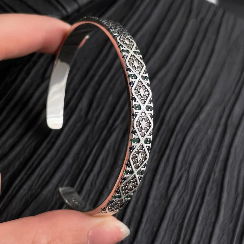 925 Sterling Silver Geometry Block Zircon Bracelet For Women Versatile Vintage Jewelry Gift