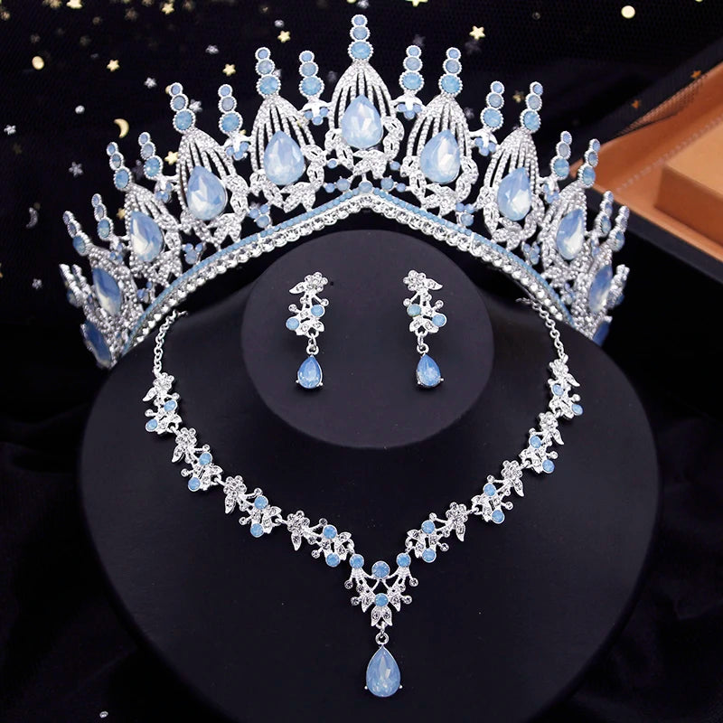 Blue Crown Bridal Jewelry Sets for Women Opal tiara Necklace Earrings Sets