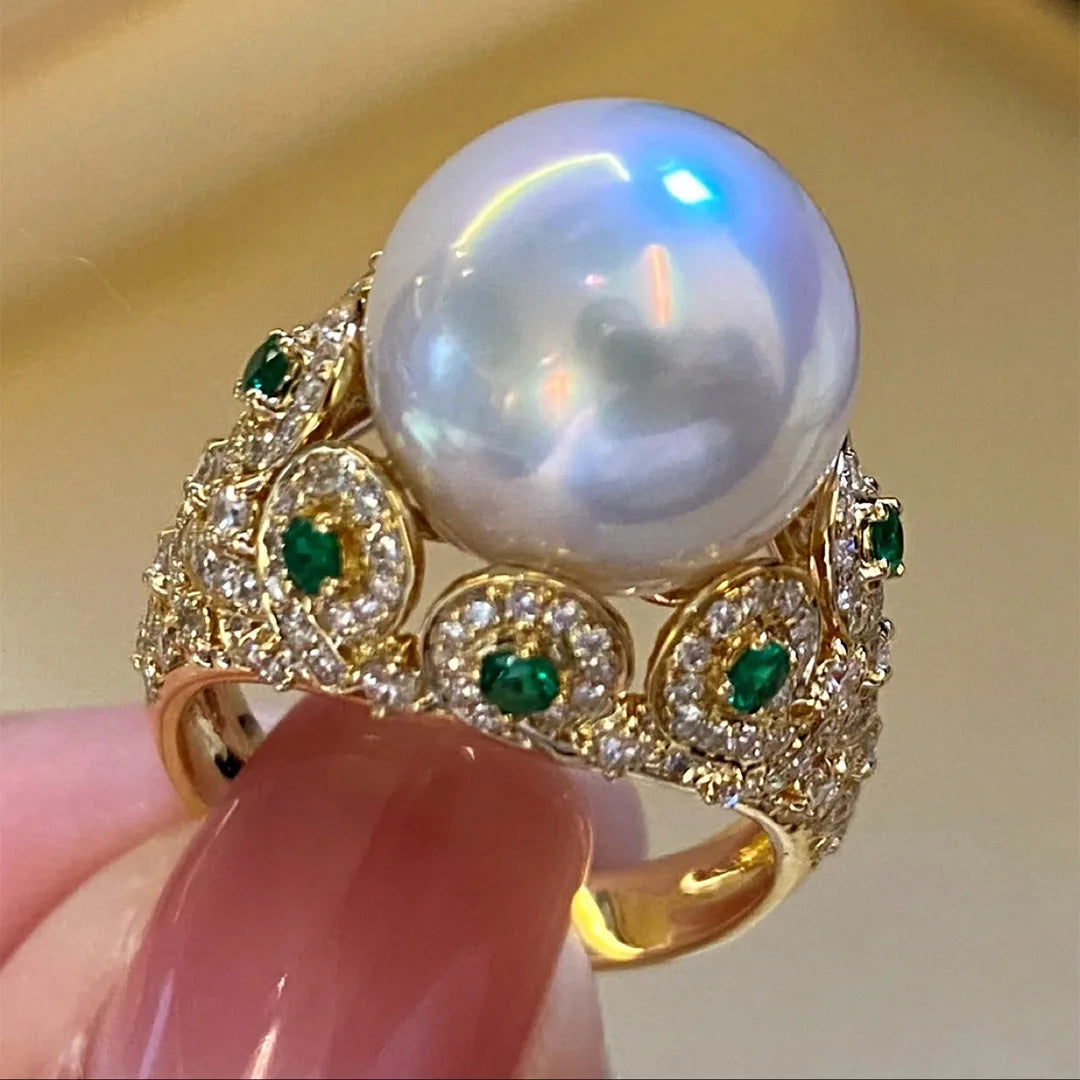 Big White Pearl Flower Ring – K Yellow Gold Women’s Cocktail Wedding Jewelry