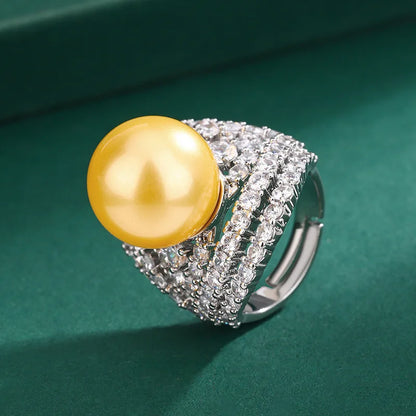 925 Sterling Silver 14mm Pearl Ring – Luxury Zirconia Geometric Design