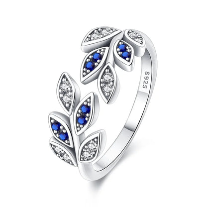 925 Silver Color with Blue Zircon Butterfly Leaf Flower Rings