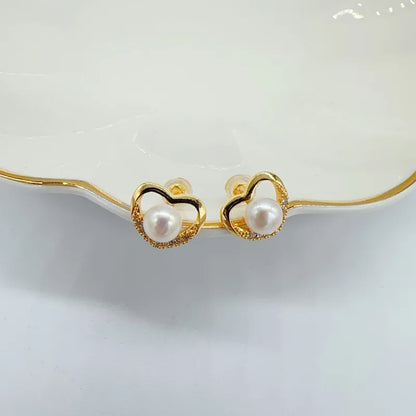 14K Gold Filled Heart Pearl Stud Earrings for Women