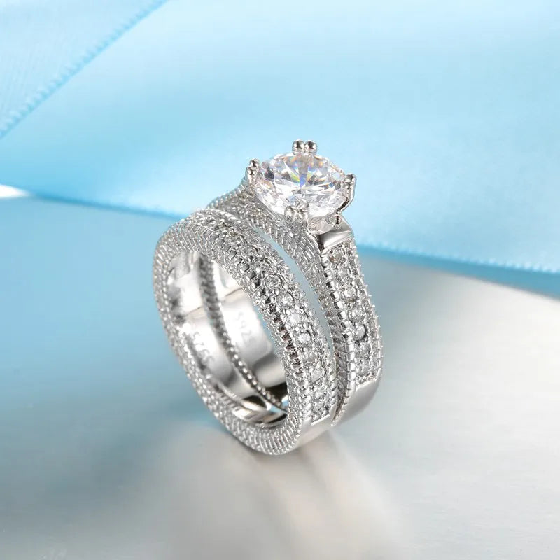 Elegant 925 Sterling Silver Couple Cubic Zircon Stone Rings