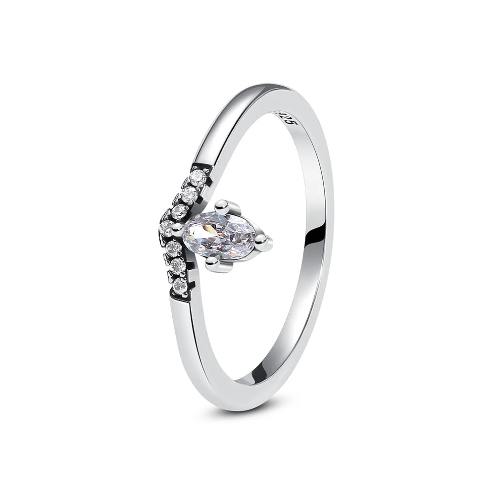 925 Sterling Silver Love Heart Crown Wishbone Zircon Ring