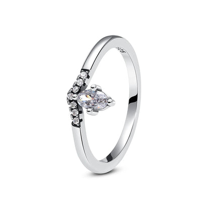 925 Sterling Silver Love Heart Crown Wishbone Zircon Ring