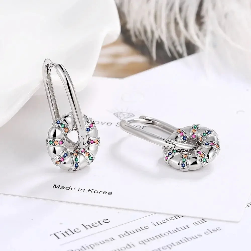 Fashionable 925 Sterling Silver Colorful Zirconia Wheel Earrings