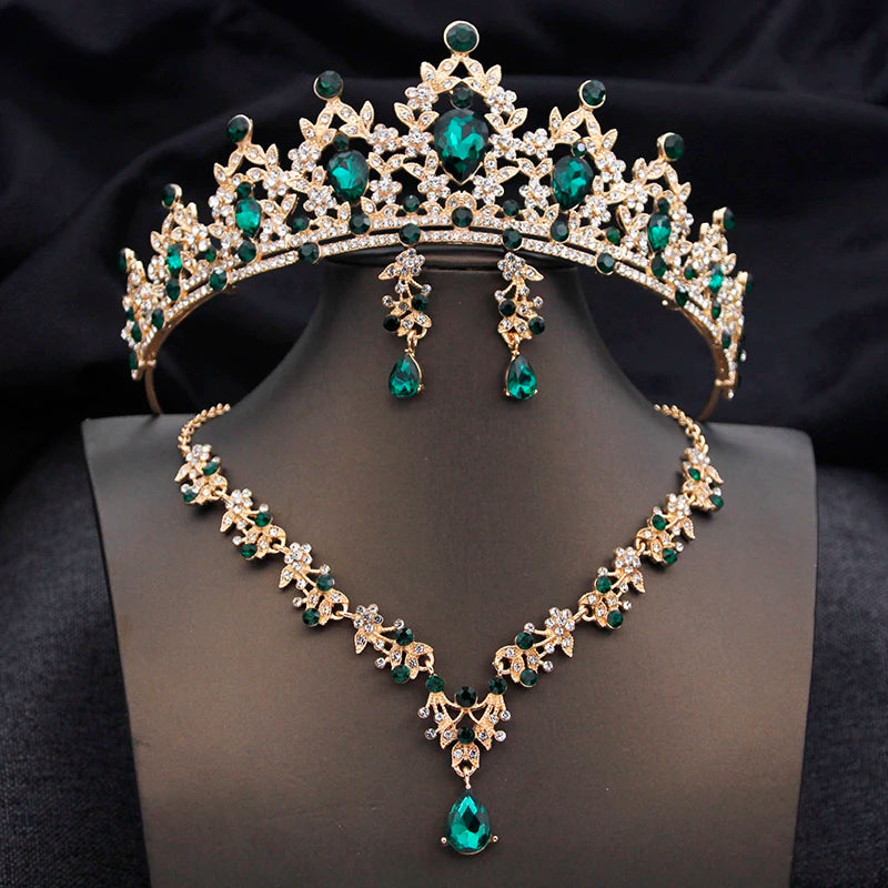 Opal Blue Princess Bridal Jewelry Set – Tiara Crown Necklace Earrings