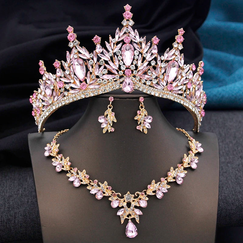 Royal Queen 3 Pcs Tiaras and necklace earrings for Bridal Jewelry Sets